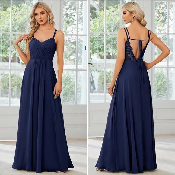 Azazie Dresses & Skirts - Azazie A-Line Pleated Chiffon Bridesmaid Dress Lace V Back in Navy Blue, Size A8